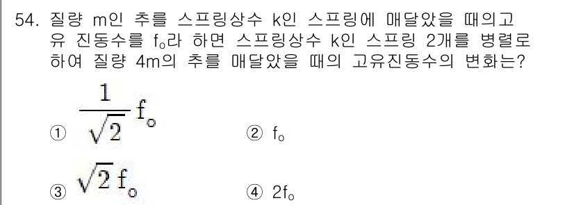 소음진동산업기사 2019년 54번 - 문제에서 주어진 시스템은 두 개의 스프링을 병렬로 연결한 형태입니다. 스... 에 관한 핵심 기출문제