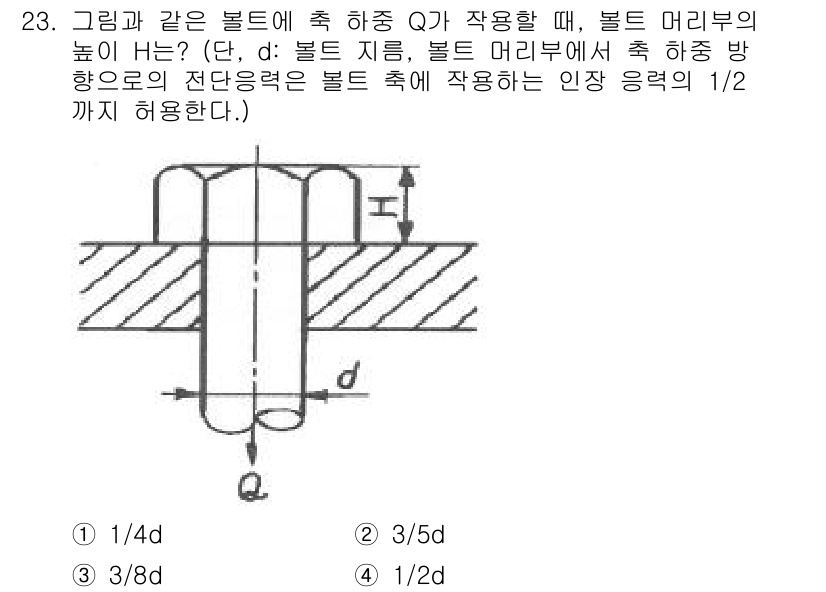용접기사 2019년 23번 - . 

볼트 머리의 높이가 H인 경우, 볼트 지름 d에 대한 응력 집중 ... 에 관한 핵심 기출문제