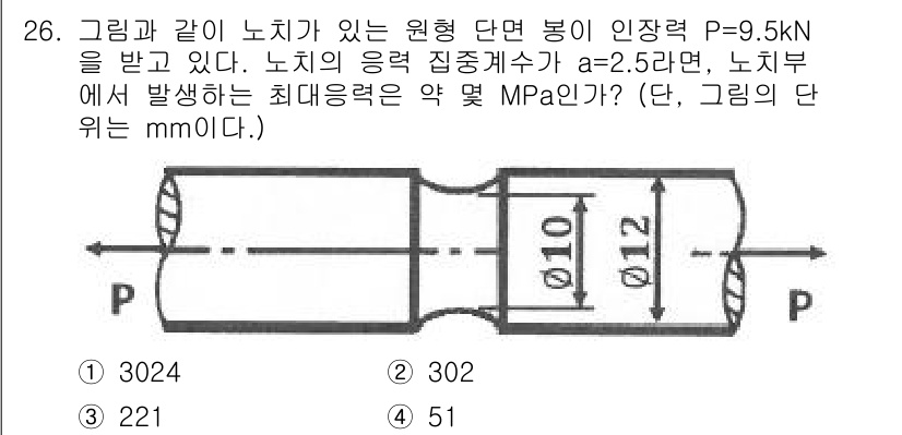 용접기사 2019년 26번 - 이 문제는 원형 단면의 최대 응력을 계산하는 것입니다. 주어진 단면적과 ... 에 관한 핵심 기출문제