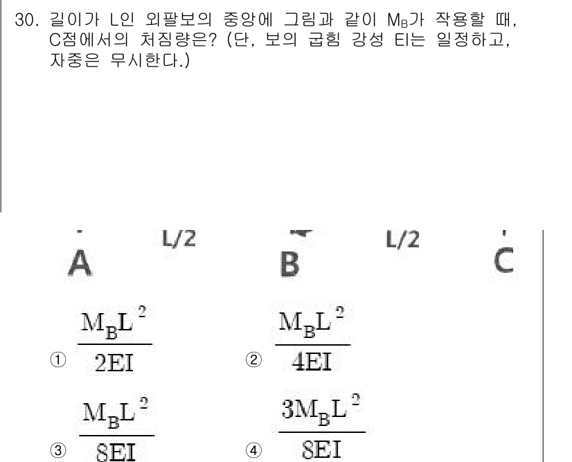 용접기사 2019년 31번 - 이 문제에서 M\(_B\)는 외팔보의 중앙에서 작용하는 모멘트를 나타내고... 에 관한 핵심 기출문제
