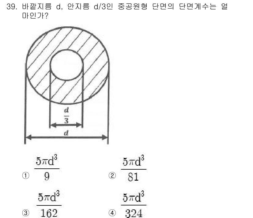 용접기사 2019년 40번 - 중공원형 단면의 단면적을 구하기 위해서는 외부 원의 면적에서 내부 원의 ... 에 관한 핵심 기출문제