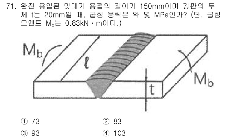 용접기사 2019년 72번 - 주어진 문제에서 기계적 응력은 용접부의 길이와 관련이 있으며, 강판의 두... 에 관한 핵심 기출문제