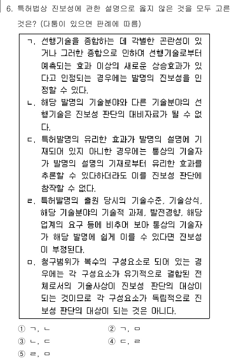 변리사_1차(1교시) 2016년 5번 - 정답 4번은 특별한 진보성의 개념을 설명하며, 기술의 기여도나 법적 요건... 에 관한 핵심 기출문제