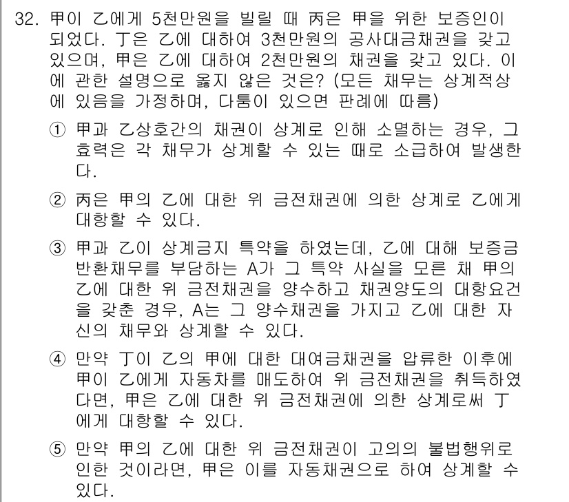 변리사_1차(2교시) 2018년 32번 - 정답 4번은 채무자가 5천만 원을 빌릴 때, 제3자에게 보증인을 요구한 ... 에 관한 핵심 기출문제
