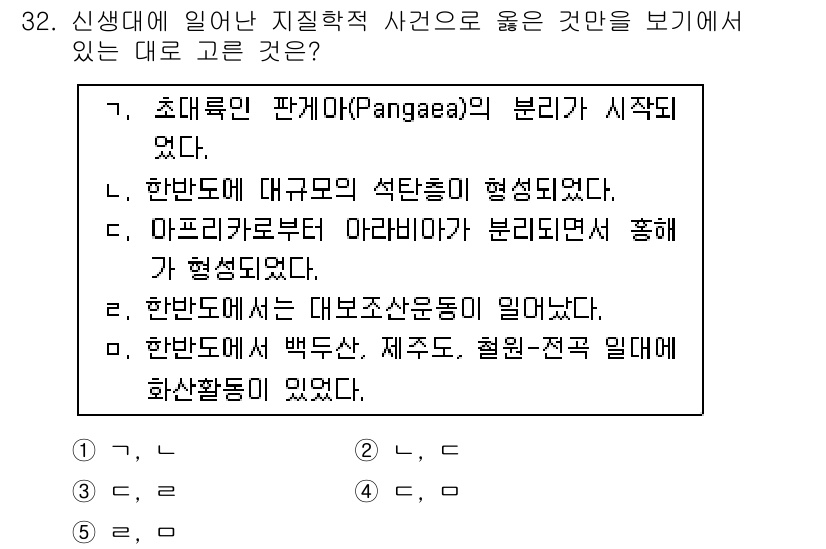 변리사_1차(3교시) 2015년 32번 - 정답 4번은 한반도에서 백두산, 제주도, 철원-전국 일대에 화산활동이 있... 에 관한 핵심 기출문제