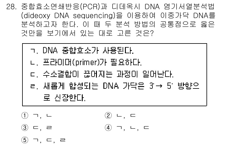 변리사_1차(3교시) 2016년 28번 - 정답은 4입니다. 시퀀싱 과정에서 DNA의 복제 및 분석이 필요하며, 특... 에 관한 핵심 기출문제