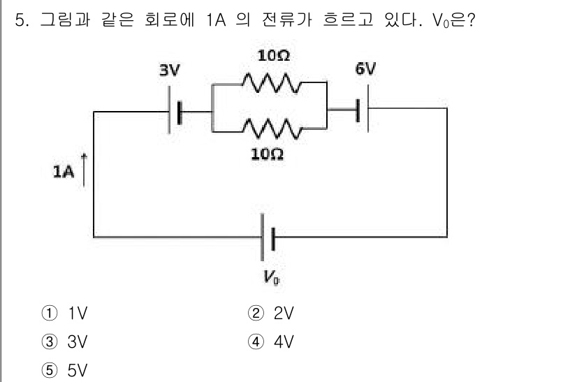 변리사_1차(3교시) 2016년 5번 - 회로에서 저항은 두 개의 10Ω 저항이 병렬로 연결되어 있습니다. 따라서... 에 관한 핵심 기출문제