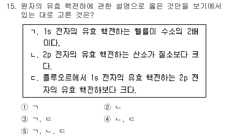 변리사_1차(3교시) 2017년 16번 - 1s 전자의 유효 핵심은 헬륨의 수소보다 크며, 2p 전자는 1s 전자의... 에 관한 핵심 기출문제