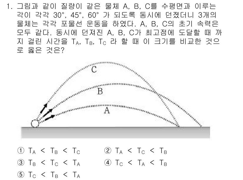 변리사_1차(3교시) 2019년 1번 - A, B, C의 물체는 각각 30°, 45°, 60°의 각도로 운동하며,... 에 관한 핵심 기출문제