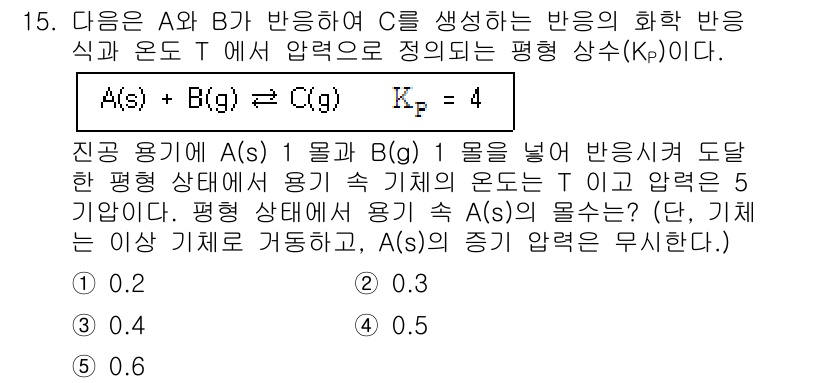 변리사_1차(3교시) 2019년 15번 - 이 문제는 평형 상태에서 A와 B의 농도가 주어진 반응의 평형 상수(Kp... 에 관한 핵심 기출문제