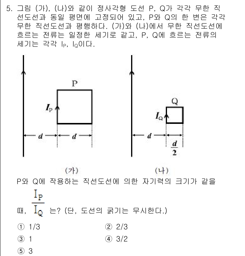변리사_1차(3교시) 2019년 5번 - 주어진 조건에서 P와 Q는 직선 도선 상의 전하로 간주되고, 전기력은 쿨... 에 관한 핵심 기출문제