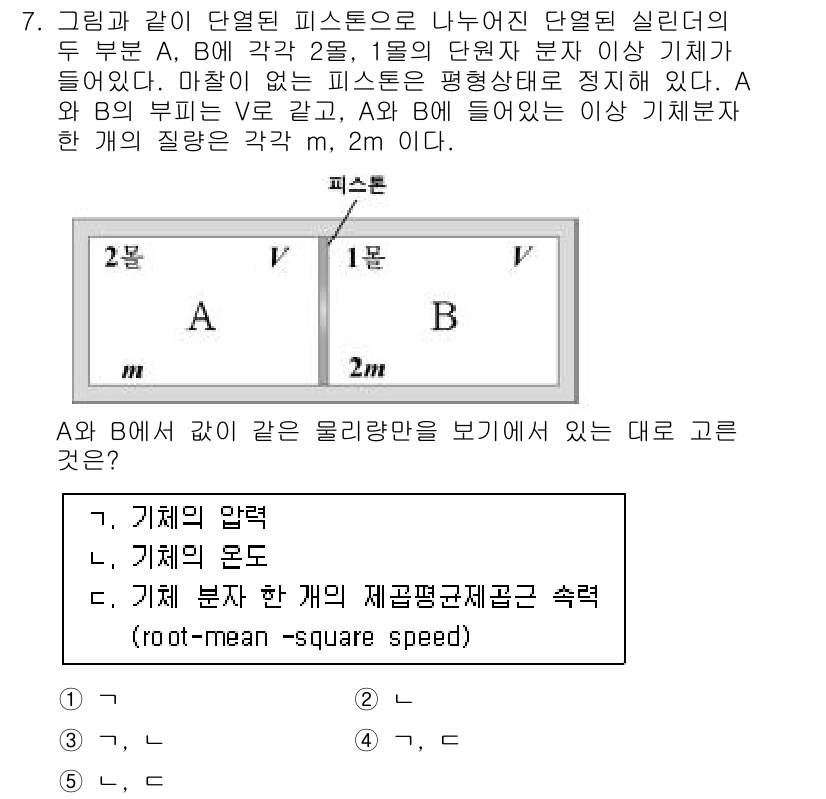 변리사_1차(3교시) 2019년 7번 - A와 B의 피스톤의 면적과 압력을 고려할 때, 기체의 압력은 피스톤 면적... 에 관한 핵심 기출문제