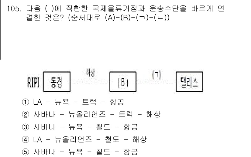 물류관리사_1교시 2015년 105번 - 국제물류거래에서 물품의 운송 수단은 선적지와 도착지에 따라 결정됩니다. ... 에 관한 핵심 기출문제
