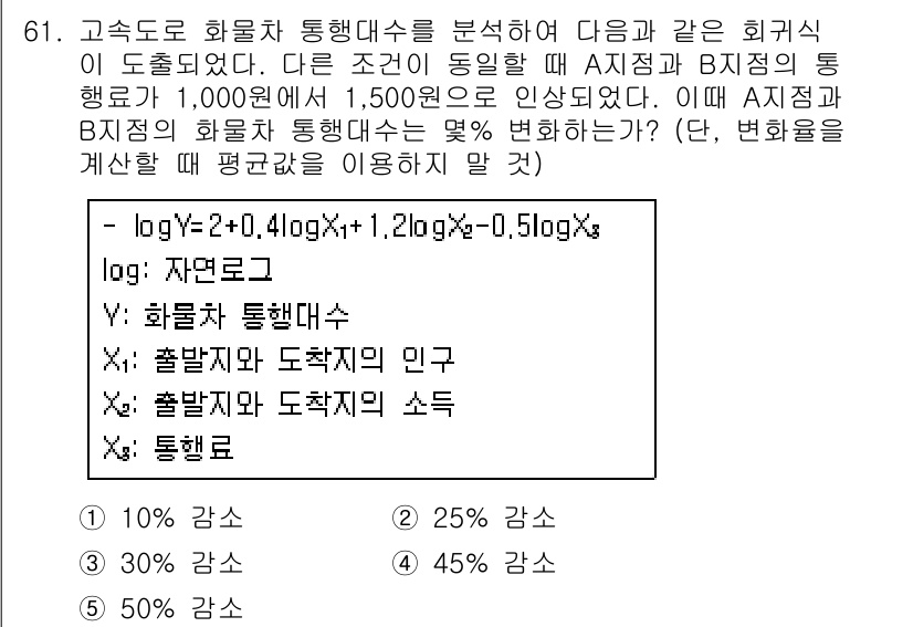 물류관리사_1교시 2015년 61번 - 문제에서 물류의 효율성을 높이기 위해 화물차 통행대수를 분석하고 있습니다... 에 관한 핵심 기출문제