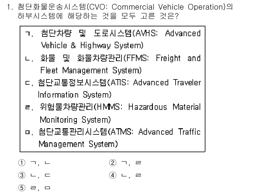 물류관리사_1교시 2016년 1번 - 정답 4번은 CVO의 하부 시스템인 FFMS, AVHS, ATMS가 물류... 에 관한 핵심 기출문제