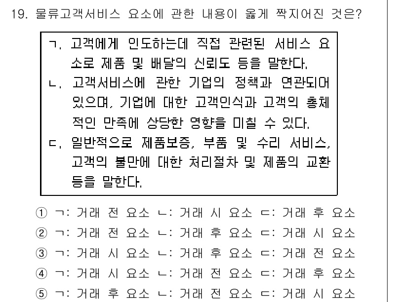 물류관리사_1교시 2016년 19번 - 문제에서 고객 서비스 요소와 관련된 내용을 묻고 있습니다. 정답인 4번은... 에 관한 핵심 기출문제