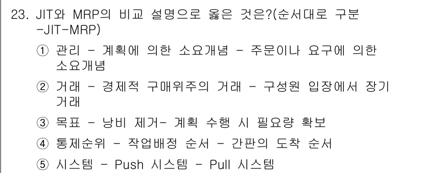 물류관리사_1교시 2016년 23번 - JIT(Just In Time) 시스템은 재고를 최소화하고 고객의 실제 ... 에 관한 핵심 기출문제