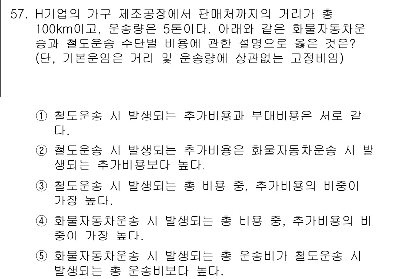 물류관리사_1교시 2016년 57번 - 철도운송은 적용되는 전체 비용을 고려해야 하며, 추가비용과 기초운송량 간... 에 관한 핵심 기출문제