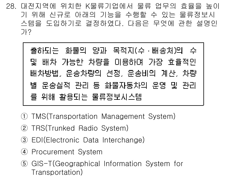 물류관리사_1교시 2017년 28번 - . TMS (Transportation Management System)... 에 관한 핵심 기출문제