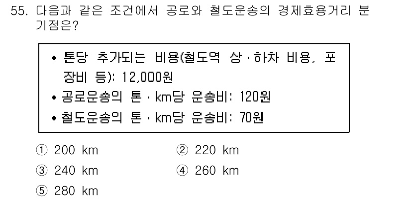 물류관리사_1교시 2017년 55번 - 최소한의 총비용을 계산하기 위해 공공 운송비와 철도 운송비에 각각의 거리... 에 관한 핵심 기출문제