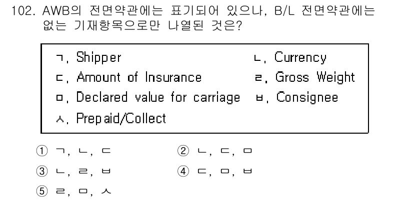 물류관리사_1교시 2018년 102번 - B/L(선하증권) 전면약관에서는 화물에 대한 세부사항이 필요하지 않으며,... 에 관한 핵심 기출문제