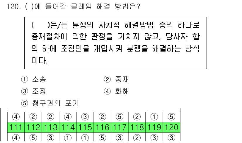 물류관리사_1교시 2018년 120번 - 이 방법은 당사자 간의 중재를 통해 분쟁 해결을 도모하며, 객관적인 판단... 에 관한 핵심 기출문제