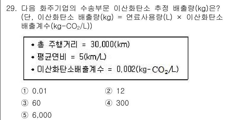 물류관리사_1교시 2018년 29번 - 해당 문제의 이산화탄소 배출량은 총 주행 거리와 평균 연료 소비량, 그리... 에 관한 핵심 기출문제