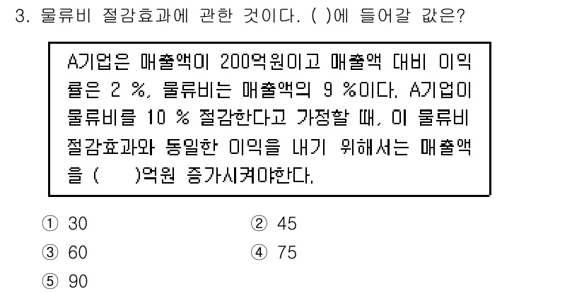 물류관리사_1교시 2018년 3번 - A기업의 매출액은 200억 원이며, 물류비는 9%로 약 18억 원이다. ... 에 관한 핵심 기출문제