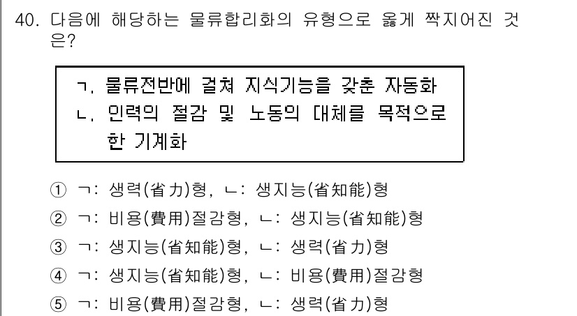 물류관리사_1교시 2018년 40번 - 물류 전반에 걸쳐 지식 기능을 자동화하면 인력의 절감과 효율적인 자원 관... 에 관한 핵심 기출문제
