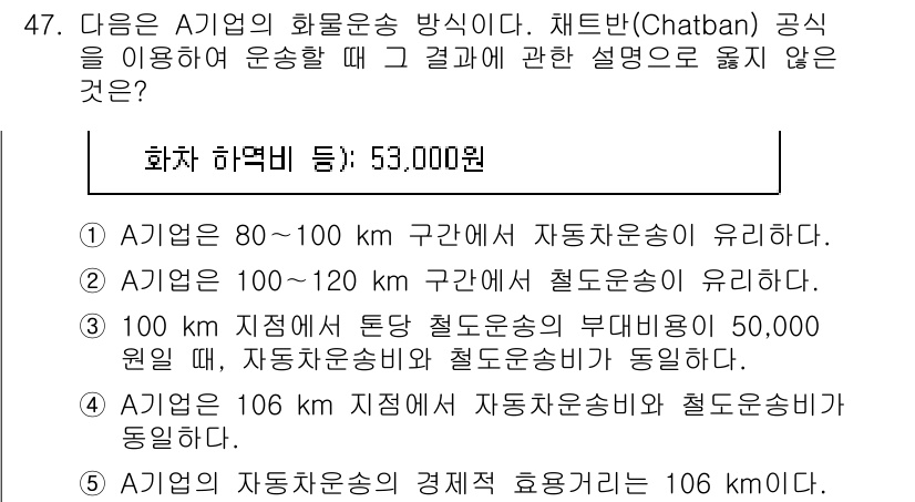 물류관리사_1교시 2018년 47번 - 주어진 문제에서 잘못된 설명은 "100㎞ 지점에서 통행료가 자동차운송의 ... 에 관한 핵심 기출문제