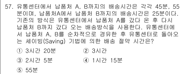 물류관리사_1교시 2018년 57번 - 문제에서 주어진 배상시간을 고려할 때, 유통센터 A의 총 배상시간은 45... 에 관한 핵심 기출문제