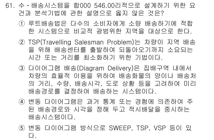 물류관리사_1교시 2018년 61번 - TSP(Travelling Salesman Problem)는 주어진 도시... 에 관한 핵심 기출문제
