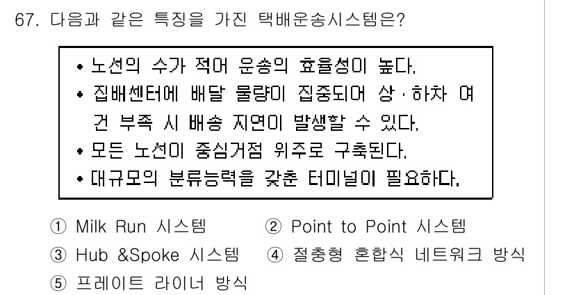 물류관리사_1교시 2018년 67번 - 택배운송시스템은 노선의 수와 운송의 효율성이 중요하며, 이 시스템은 주로... 에 관한 핵심 기출문제
