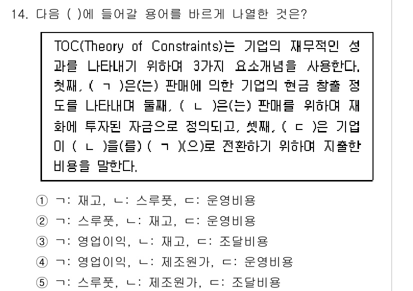 물류관리사_1교시 2019년 14번 - TOC(제약 이론)은 기업의 성과를 극대화하기 위해 제약 자원을 식별하고... 에 관한 핵심 기출문제