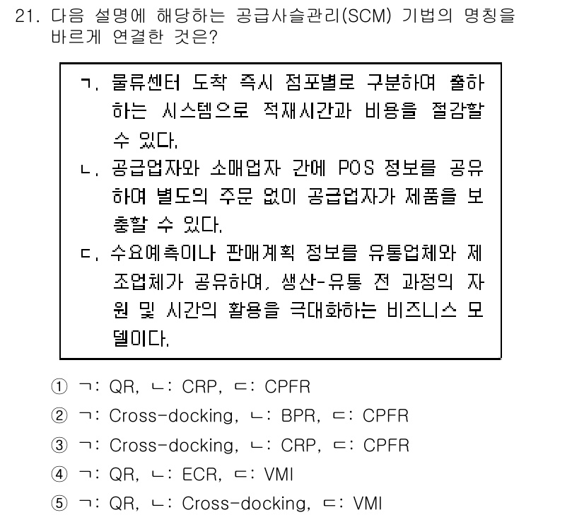 물류관리사_1교시 2019년 21번 - 공급사슬관리(SCM)는 물류 네트워크 전체의 효율성을 높여줍니다. 협력 ... 에 관한 핵심 기출문제