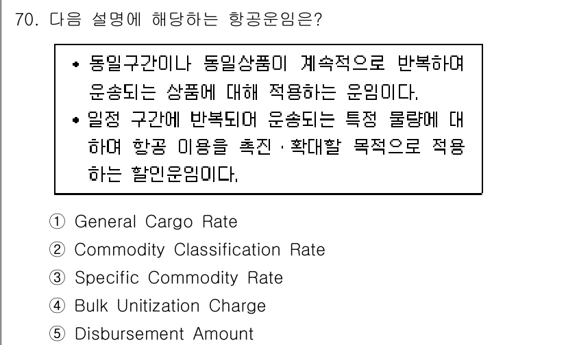 물류관리사_1교시 2019년 70번 - 정답은 3번, Specific Commodity Rate입니다. 특정 상... 에 관한 핵심 기출문제