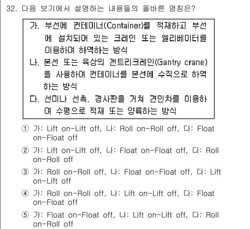 물류관리사_2교시 2015년 32번 - 정답 5는 "Float on—Roll off"입니다. 이 방법은 컨테이너... 에 관한 핵심 기출문제