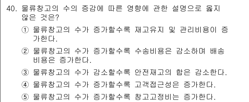 물류관리사_2교시 2015년 40번 - 물류창고의 수가 증가하면 수송비용이 증가하는 것이 일반적인 경향으로, 이... 에 관한 핵심 기출문제