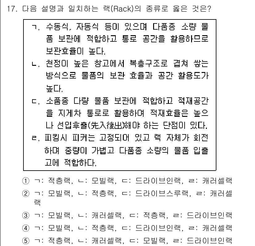 물류관리사_2교시 2016년 17번 - 문제가 묻고 있는 것은 물류 관리에서의 랙의 종류에 대한 설명입니다. "... 에 관한 핵심 기출문제