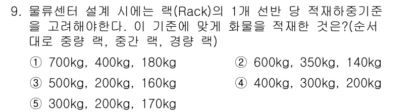 물류관리사_2교시 2018년 9번 - 정답인 2번은 각 랙의 적재중량 기준을 고려했을 때, 600kg, 350... 에 관한 핵심 기출문제