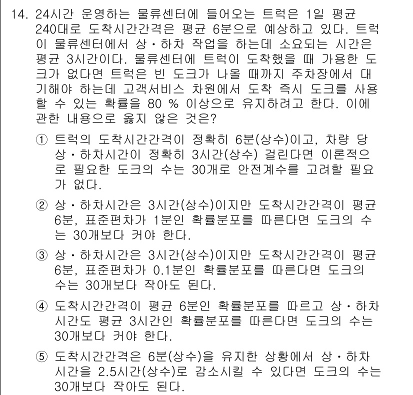 물류관리사_2교시 2019년 14번 - 문제에서 제시된 트럭의 평균 도착시간과 물류센터의 처리 속도를 통해 자원... 에 관한 핵심 기출문제