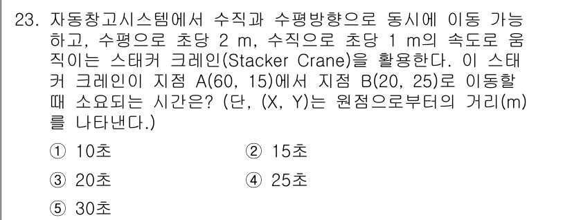 물류관리사_2교시 2019년 23번 - 스태커 크레인이 A에서 B로 이동할 때, 이동 거리는 수직 20m와 수평... 에 관한 핵심 기출문제