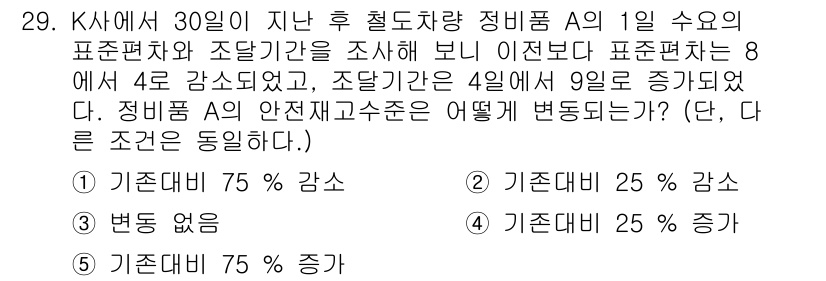 물류관리사_2교시 2019년 29번 - 조달기간이 4일에서 9일로 증가함에 따라 재고 유지비용이 증가하고, 안전... 에 관한 핵심 기출문제