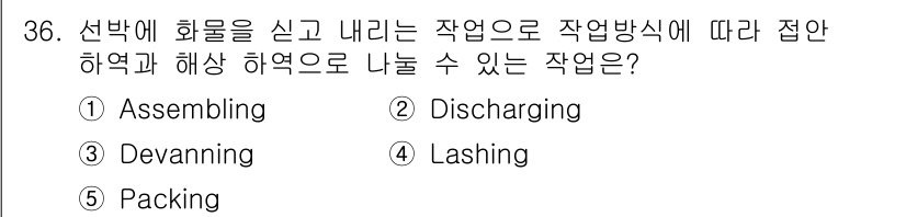 물류관리사_2교시 2019년 36번 - 정답은 2번 "Discharging"입니다. 화물을 선박에서 내리는 작업... 에 관한 핵심 기출문제