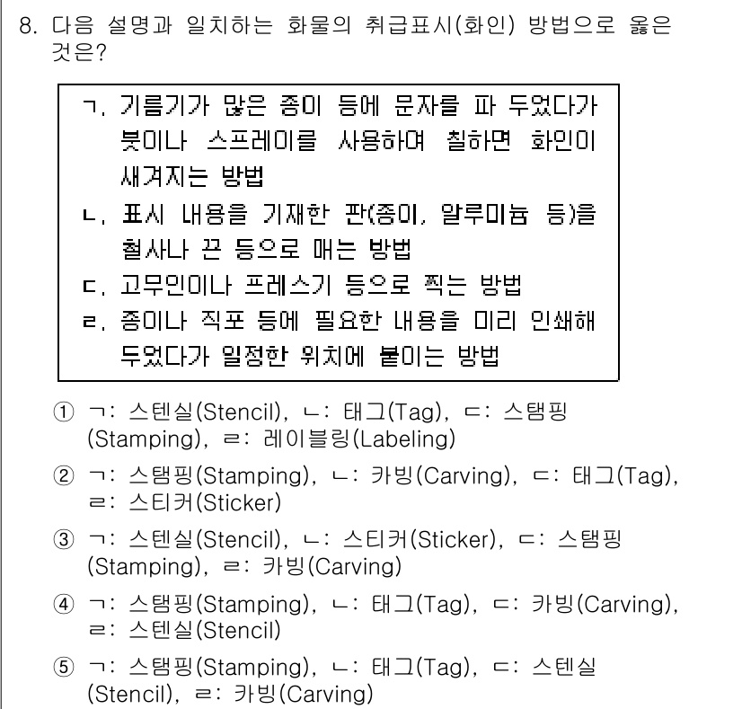 물류관리사_2교시 2019년 8번 - Stencil은 기계나 도구를 사용하여 특정 문자를 패팅하는 기법으로, ... 에 관한 핵심 기출문제