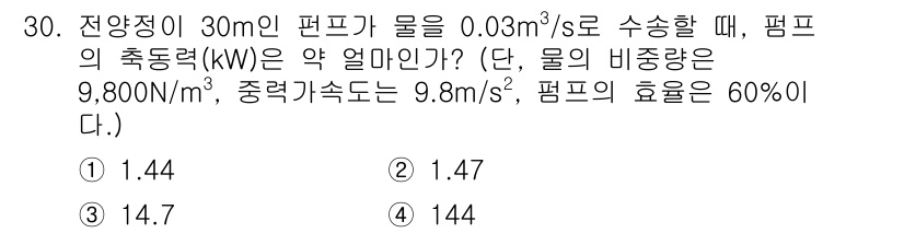소방시설관리사 2019년 30번 - 주어진 조건에서 물의 비중량은 9,800 N/m³이고 중력가속도는 9.8... 에 관한 핵심 기출문제