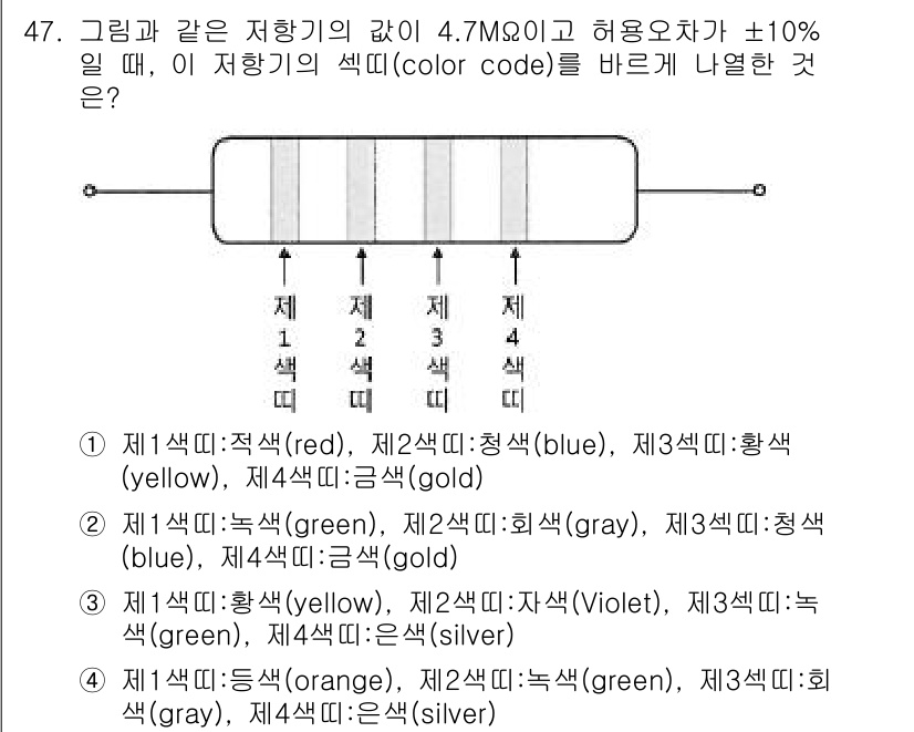 소방시설관리사 2019년 47번 - 해당 질문에서 저항기의 값 4.7MΩ은 47의 값과 10⁶(백만)을 나타... 에 관한 핵심 기출문제