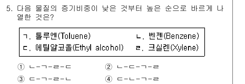 소방시설관리사 2019년 5번 - 물질의 증기압과 끓는점에 따라 물질의 증기밀도를 비교하면, 크실렌이 가장... 에 관한 핵심 기출문제