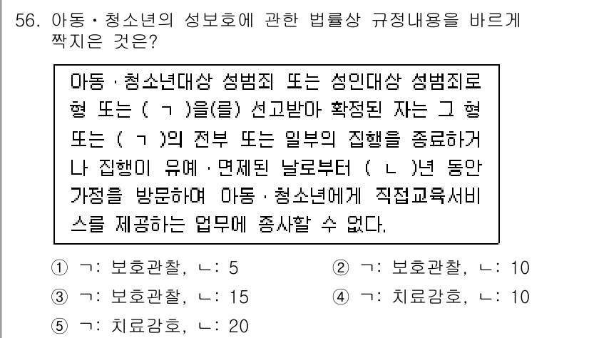 청소년상담사_1급(1교시)(구) 2015년 56번 - . 

청소년 상담사는 아동 및 청소년의 성보호와 관련된 법규를 준수해야... 에 관한 핵심 기출문제
