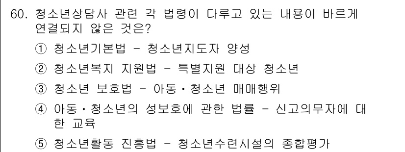 청소년상담사_1급(1교시)(구) 2015년 60번 - 청소년상담사 관련 법령에서 명시된 내용은 주로 청소년의 보호와 권익, 상... 에 관한 핵심 기출문제